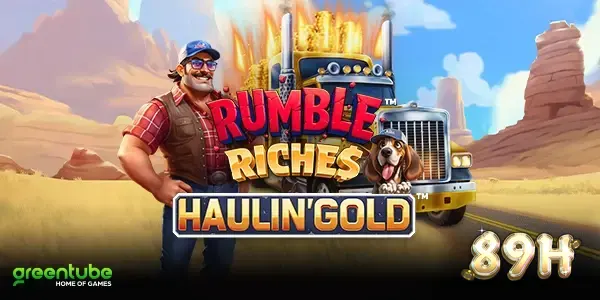 Caminhão temático em uma estrada aberta representando o jogo Rumble Riches Haulin Gold